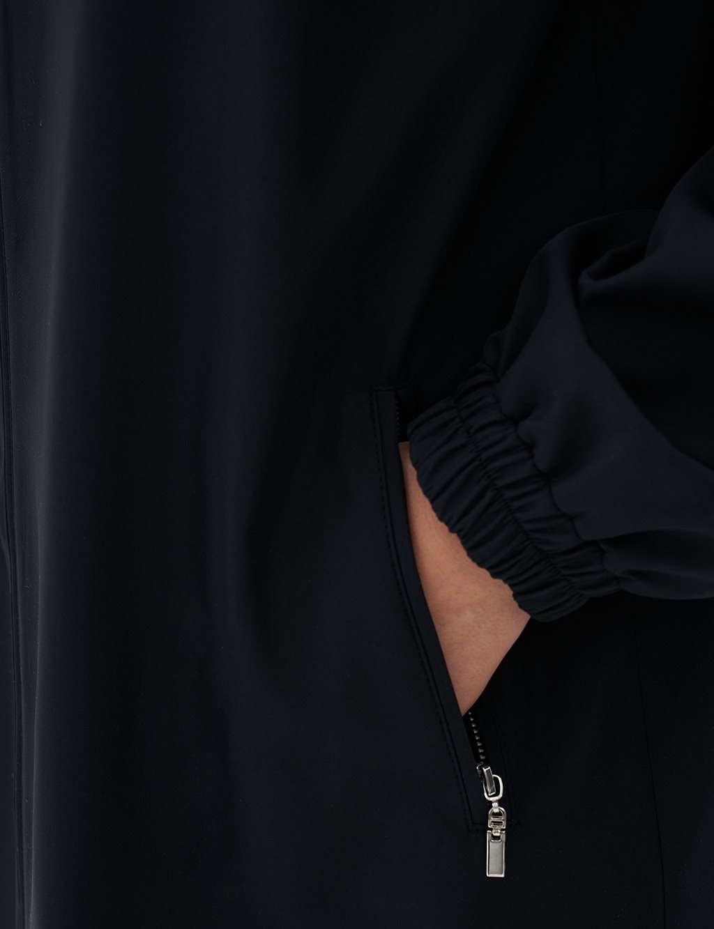 Hooded Coat with Elastic Drawstring at Wrists Black