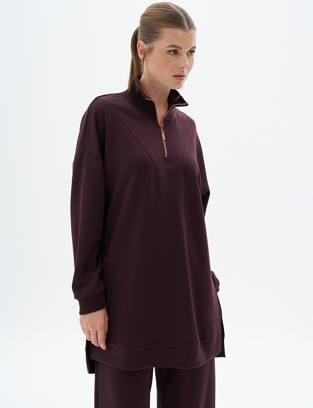 Dikiş Detaylı Scuba Sweatshirt Koyu Bordo