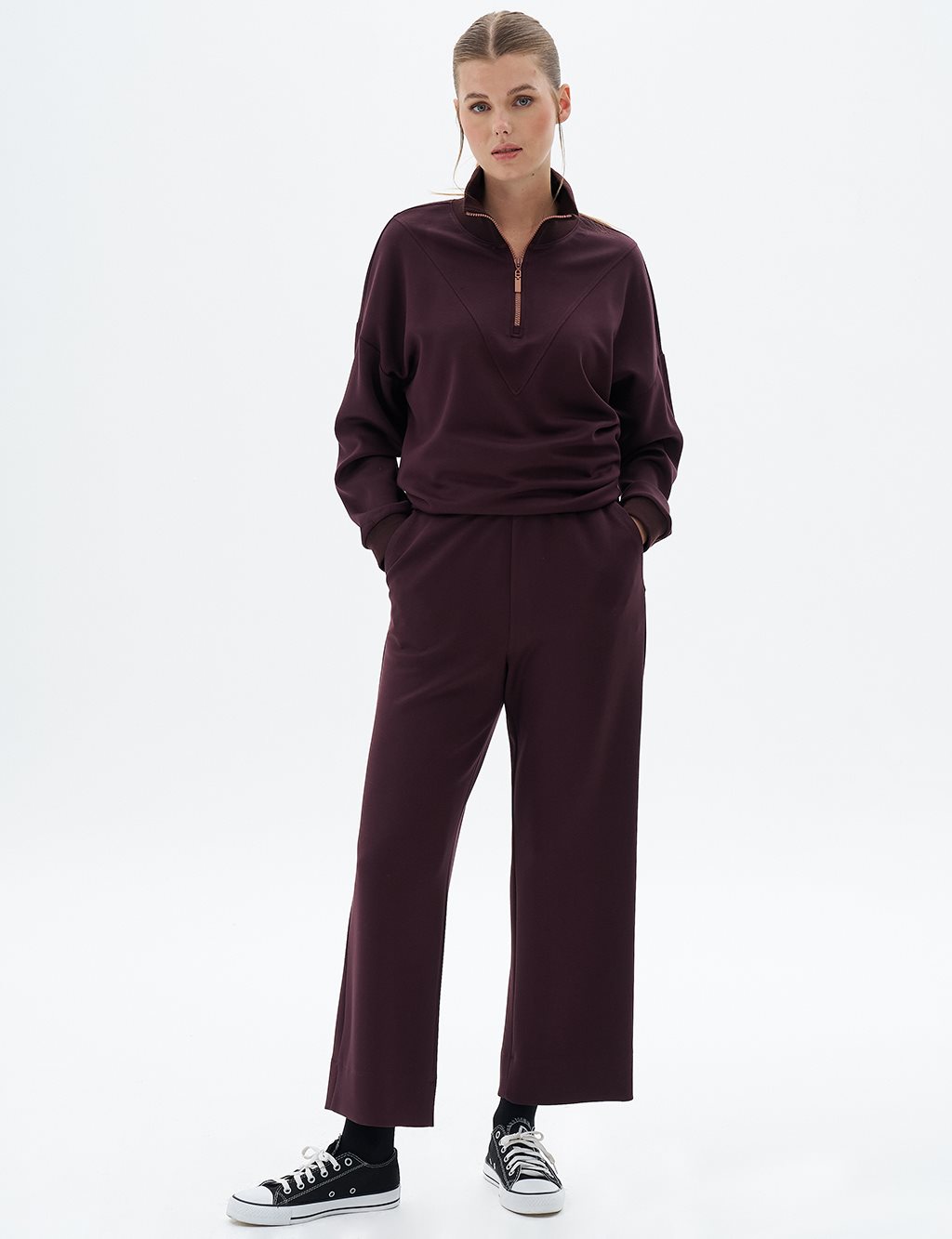 Scuba Pants with Elastic Waist Dark Burgundy