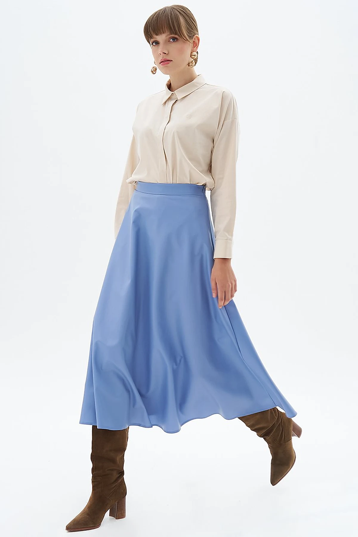 High Waist Faux Leather Skirt Aviator Blue