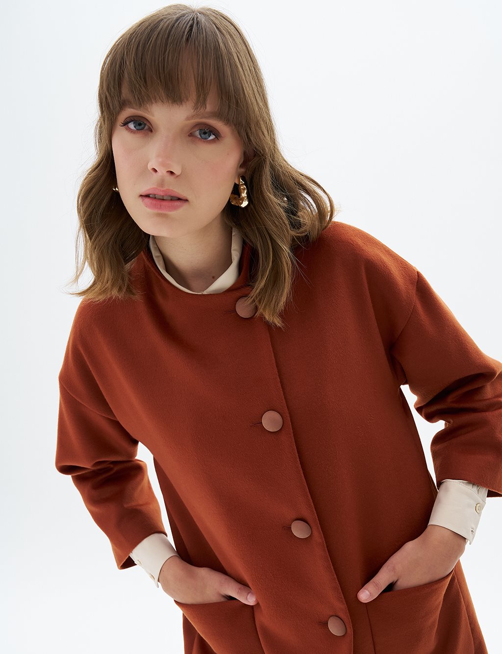 Three Quarter Sleeve Cashmere Coat Brick Red