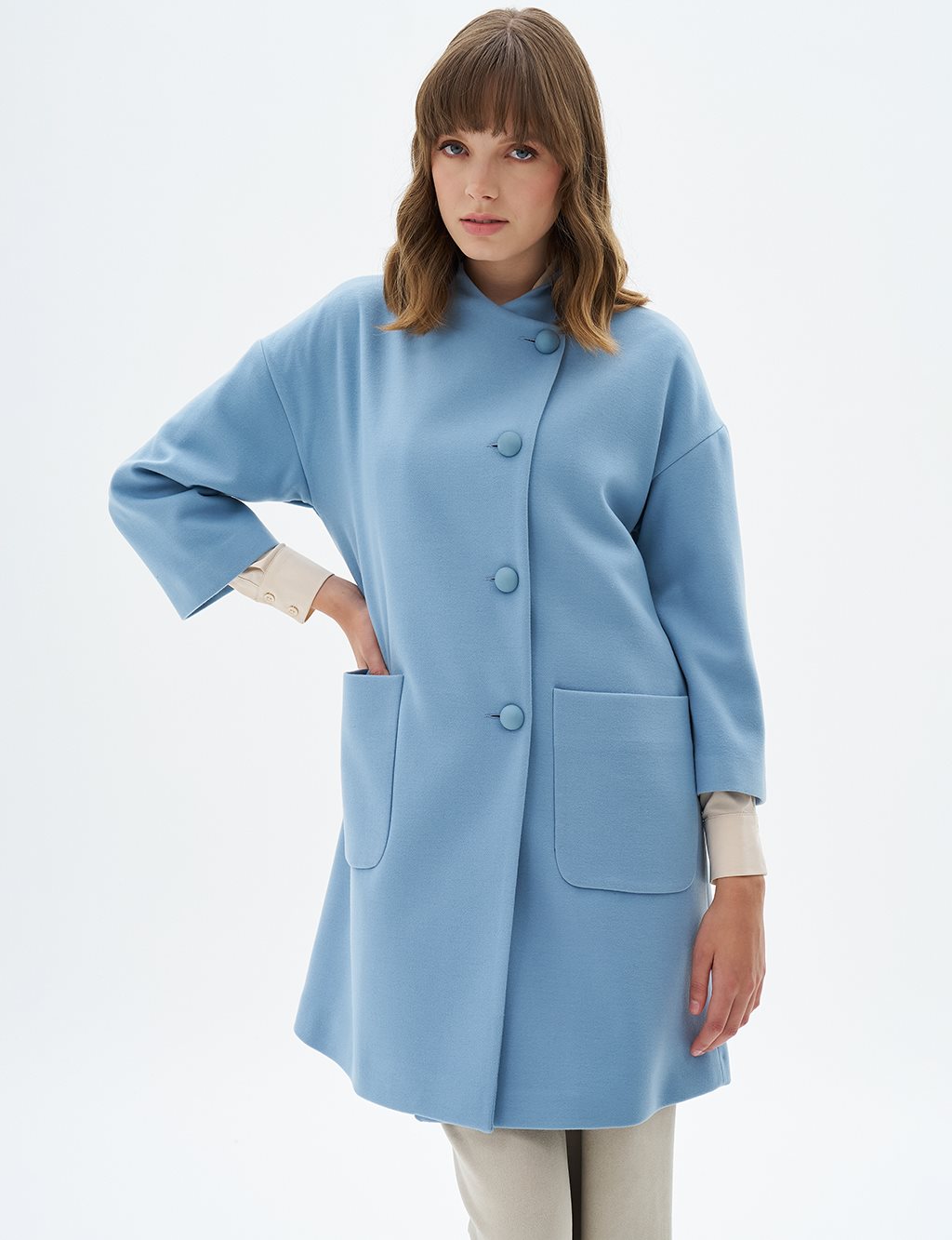 Three Quarter Sleeve Cashmere Coat Blue