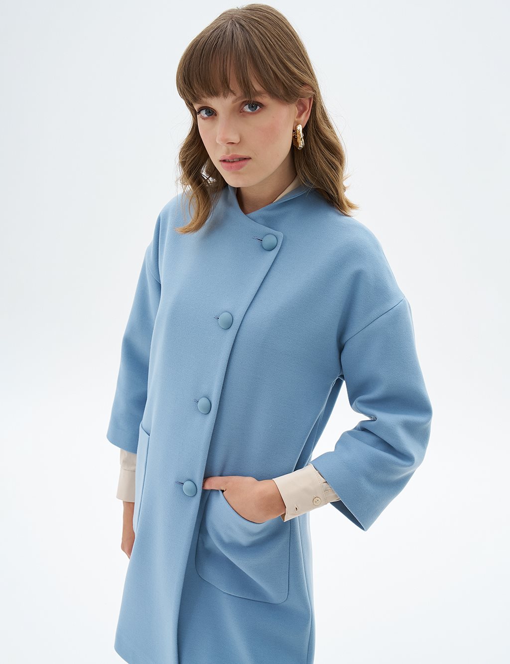 Three Quarter Sleeve Cashmere Coat Blue