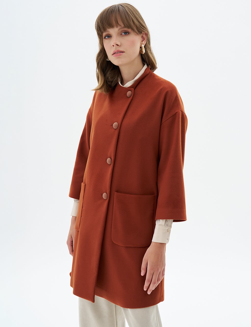 Three Quarter Sleeve Cashmere Coat Brick Red