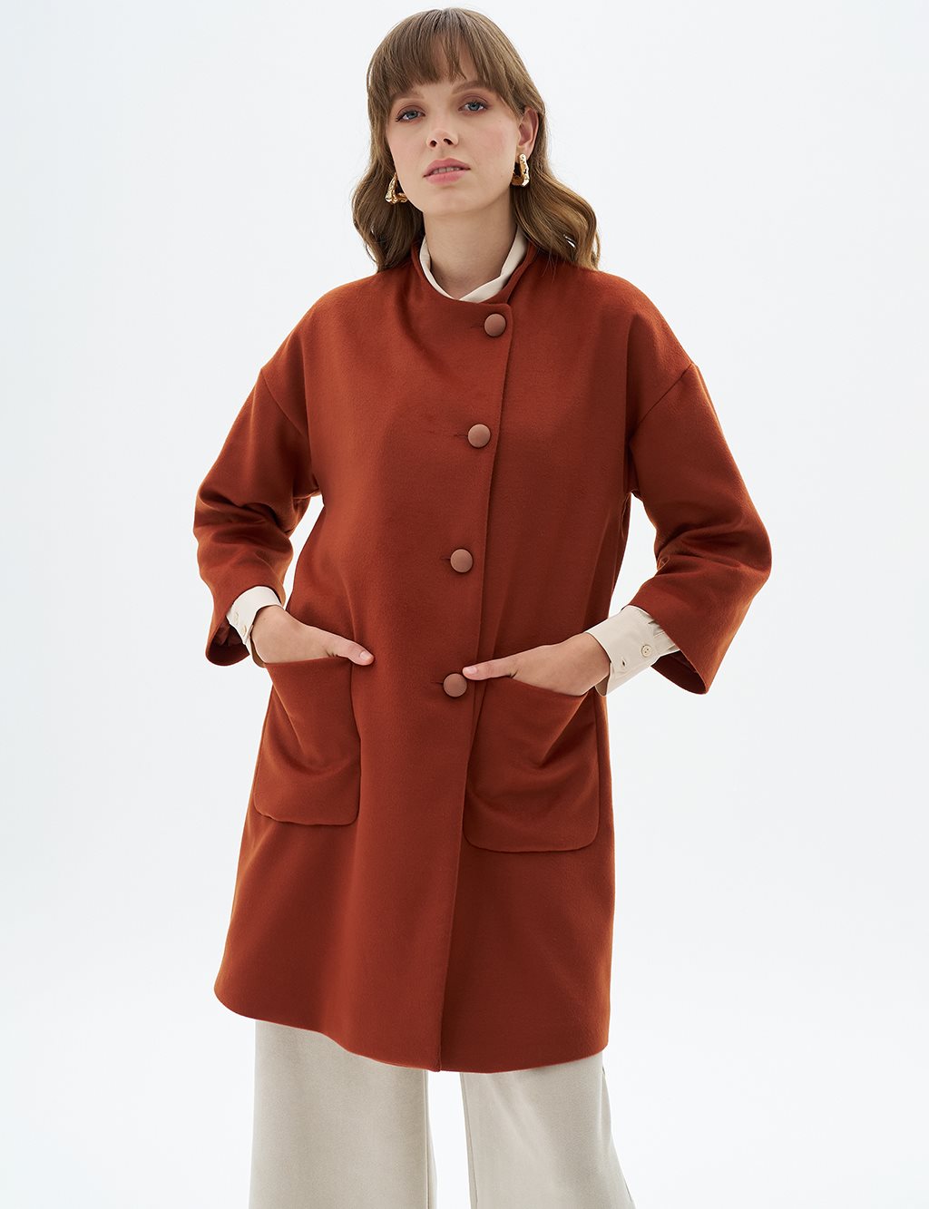 Three Quarter Sleeve Cashmere Coat Brick Red