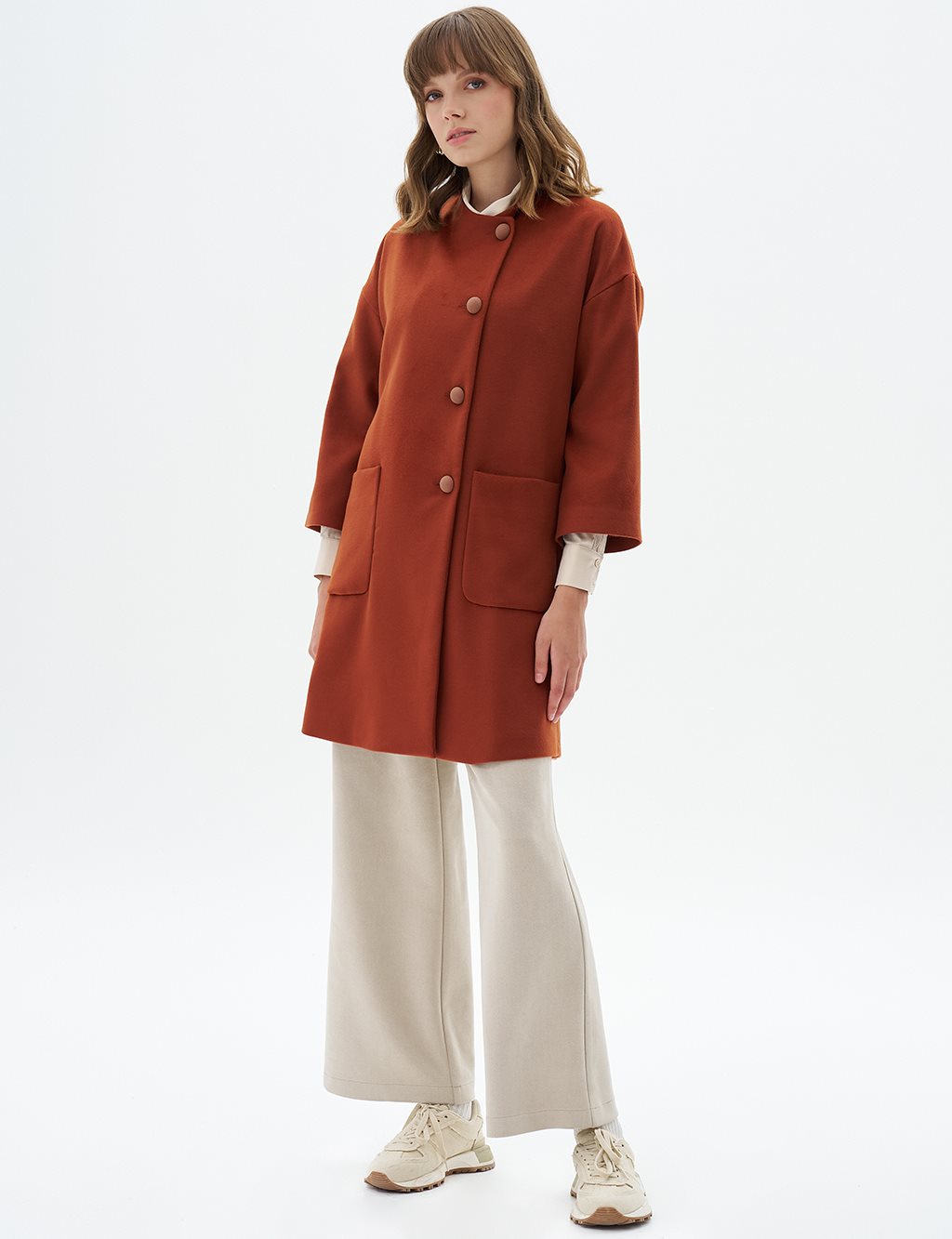 Three Quarter Sleeve Cashmere Coat Brick Red