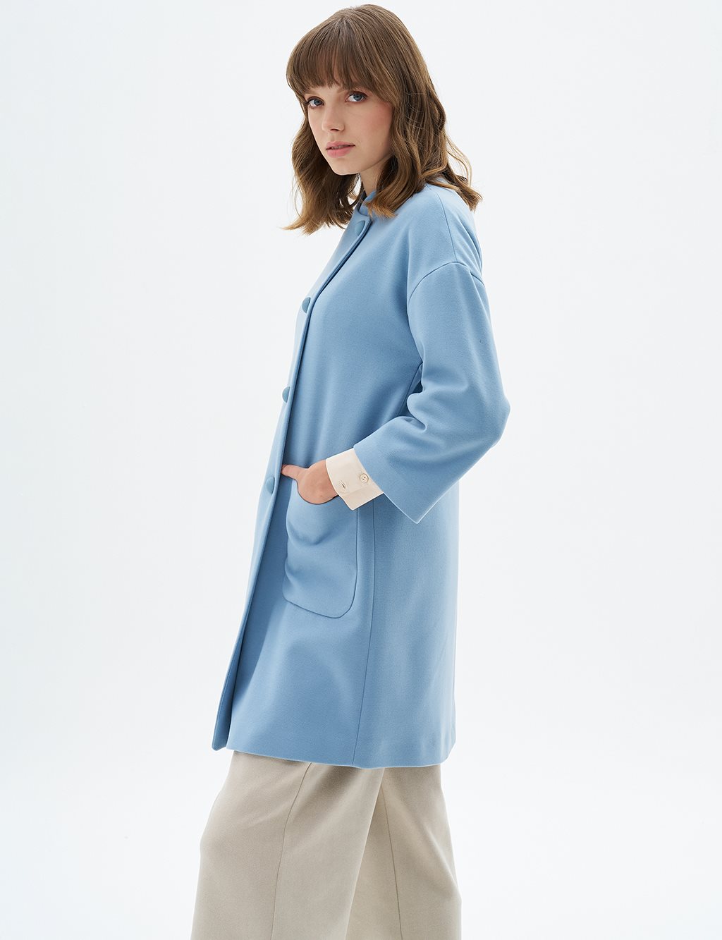 Three Quarter Sleeve Cashmere Coat Blue