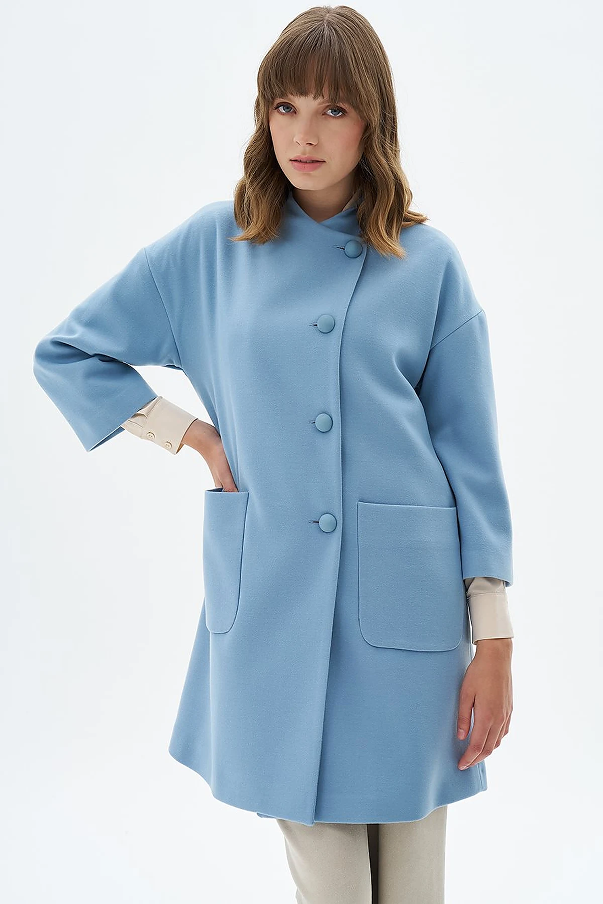 Three Quarter Sleeve Cashmere Coat Blue