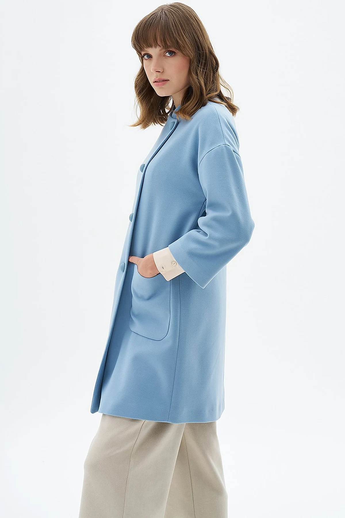Three Quarter Sleeve Cashmere Coat Blue