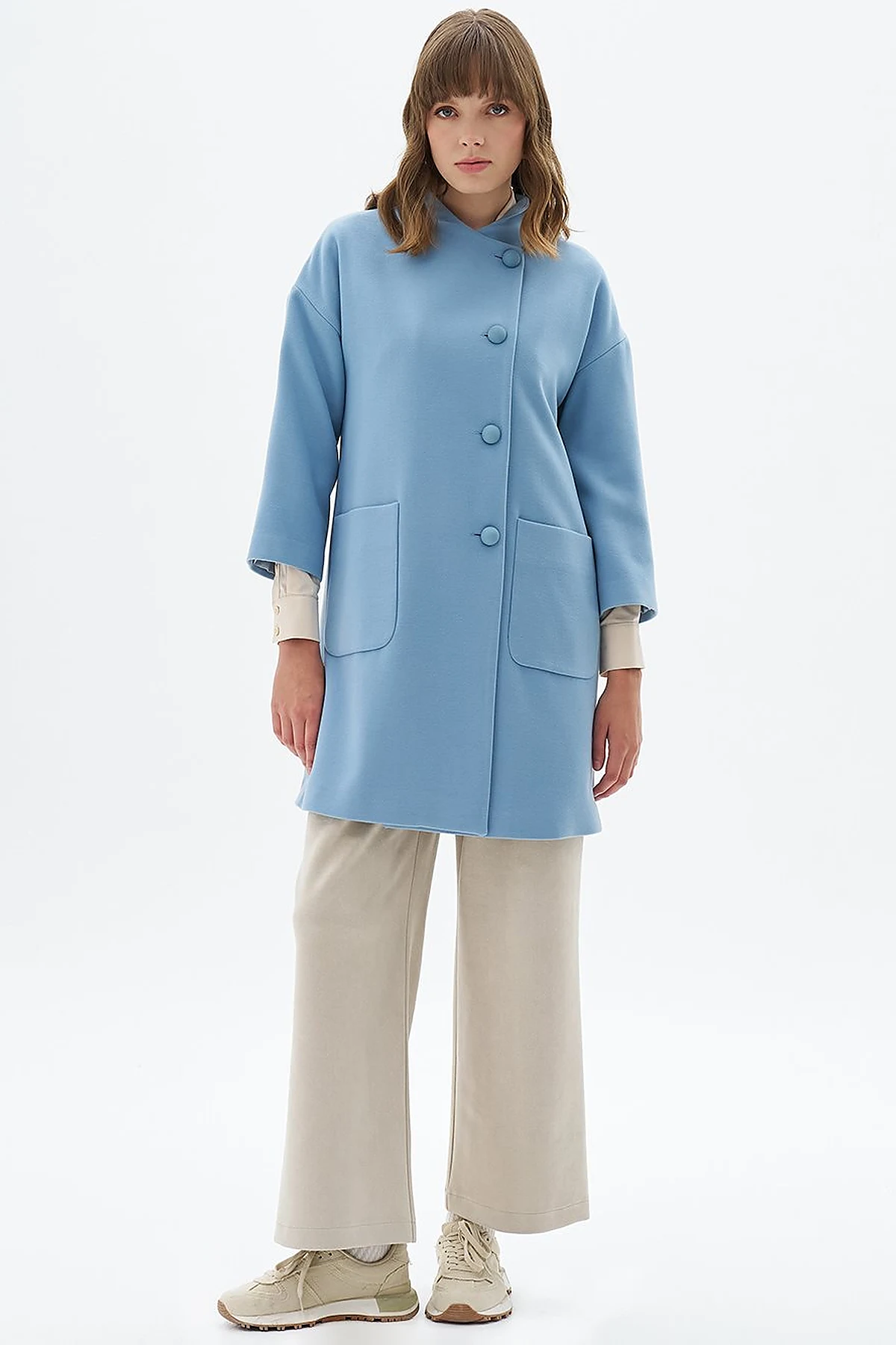 Three Quarter Sleeve Cashmere Coat Blue