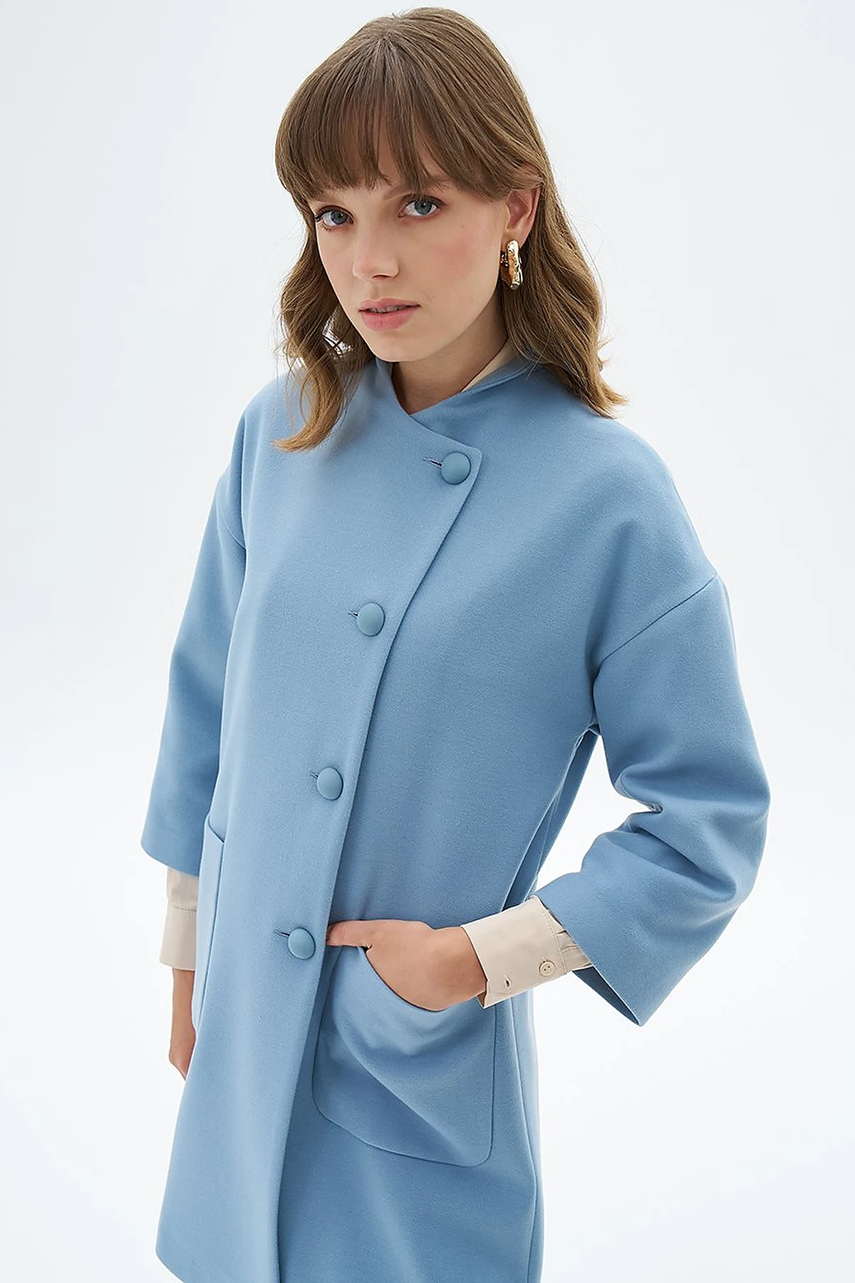 Three Quarter Sleeve Cashmere Coat Blue