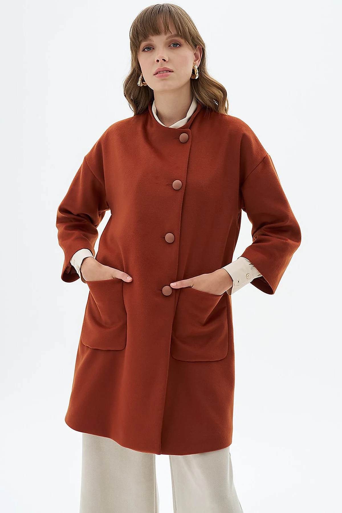 Three Quarter Sleeve Cashmere Coat Brick Red
