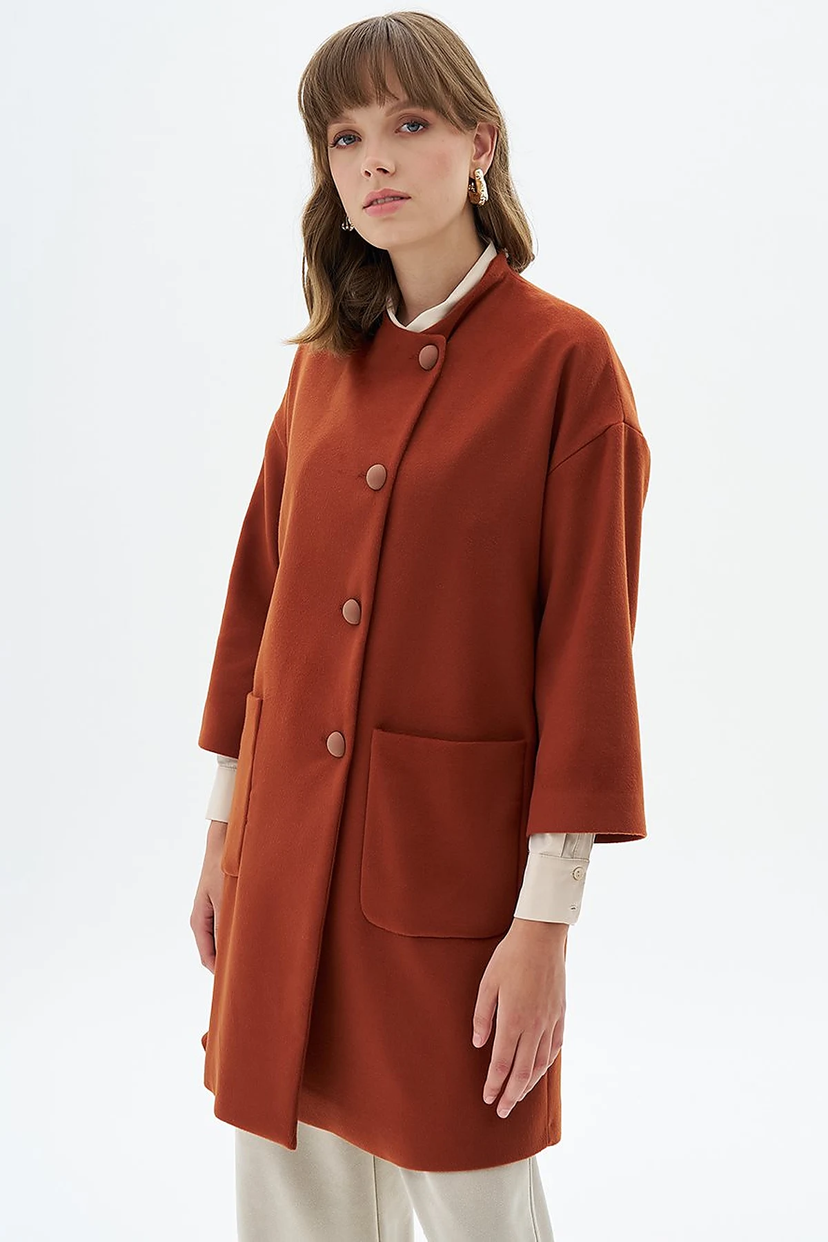 Three Quarter Sleeve Cashmere Coat Brick Red