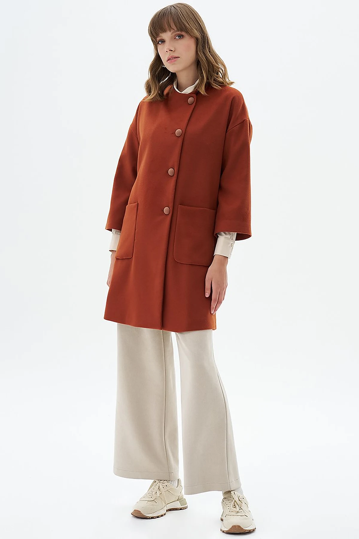 Three Quarter Sleeve Cashmere Coat Brick Red