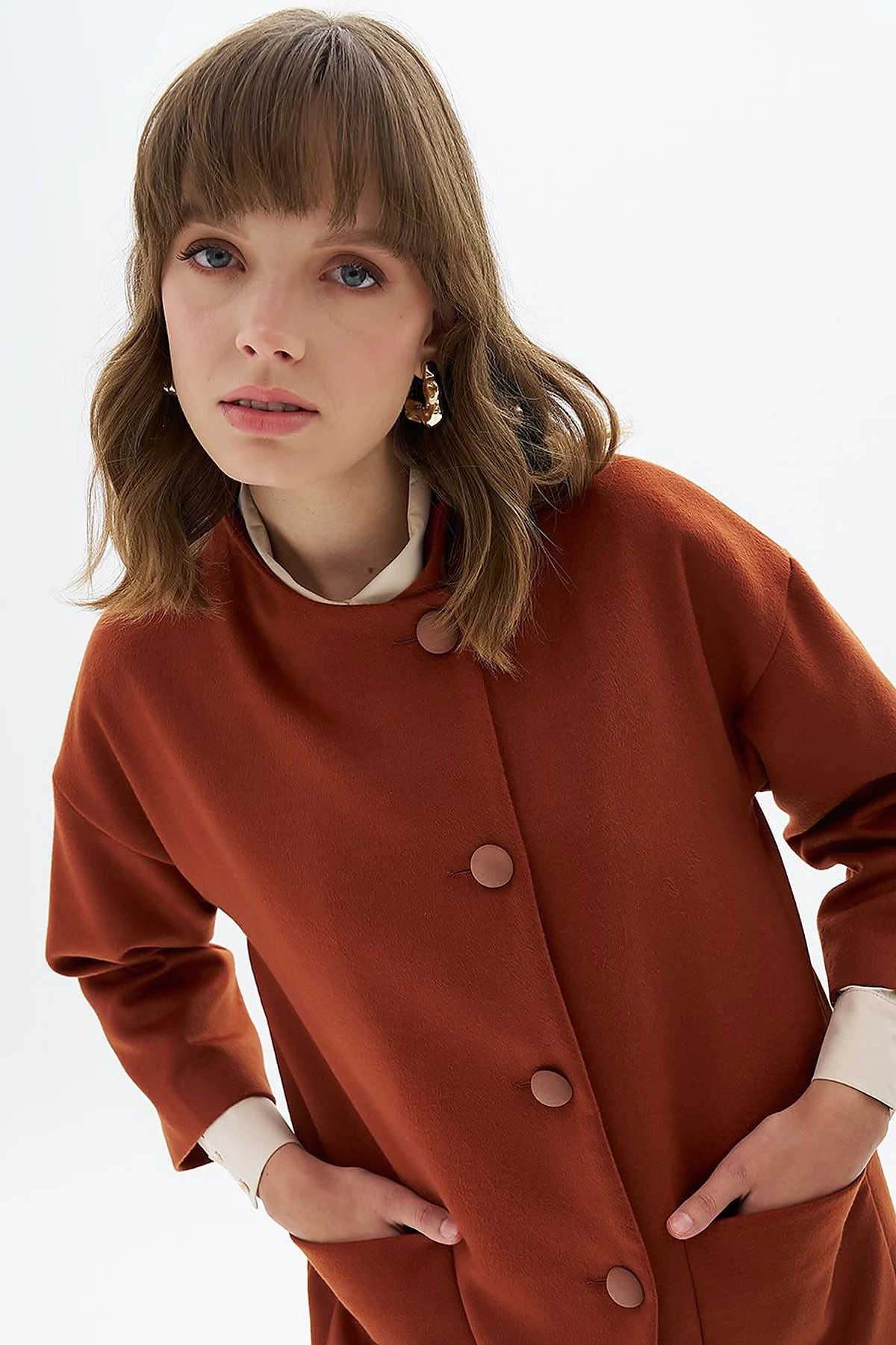 Three Quarter Sleeve Cashmere Coat Brick Red