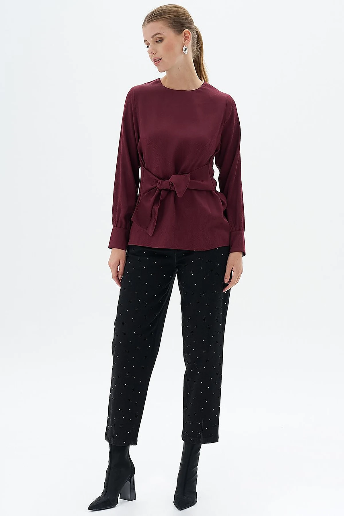Belted Zero Collar Blouse Claret Red