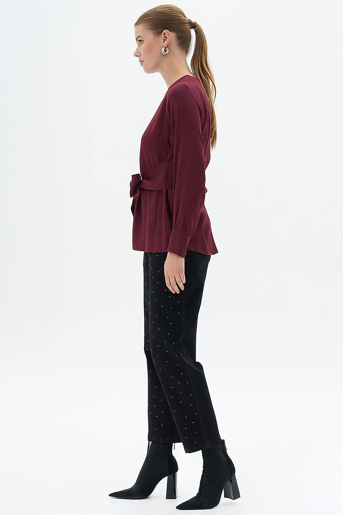 Belted Zero Collar Blouse Claret Red