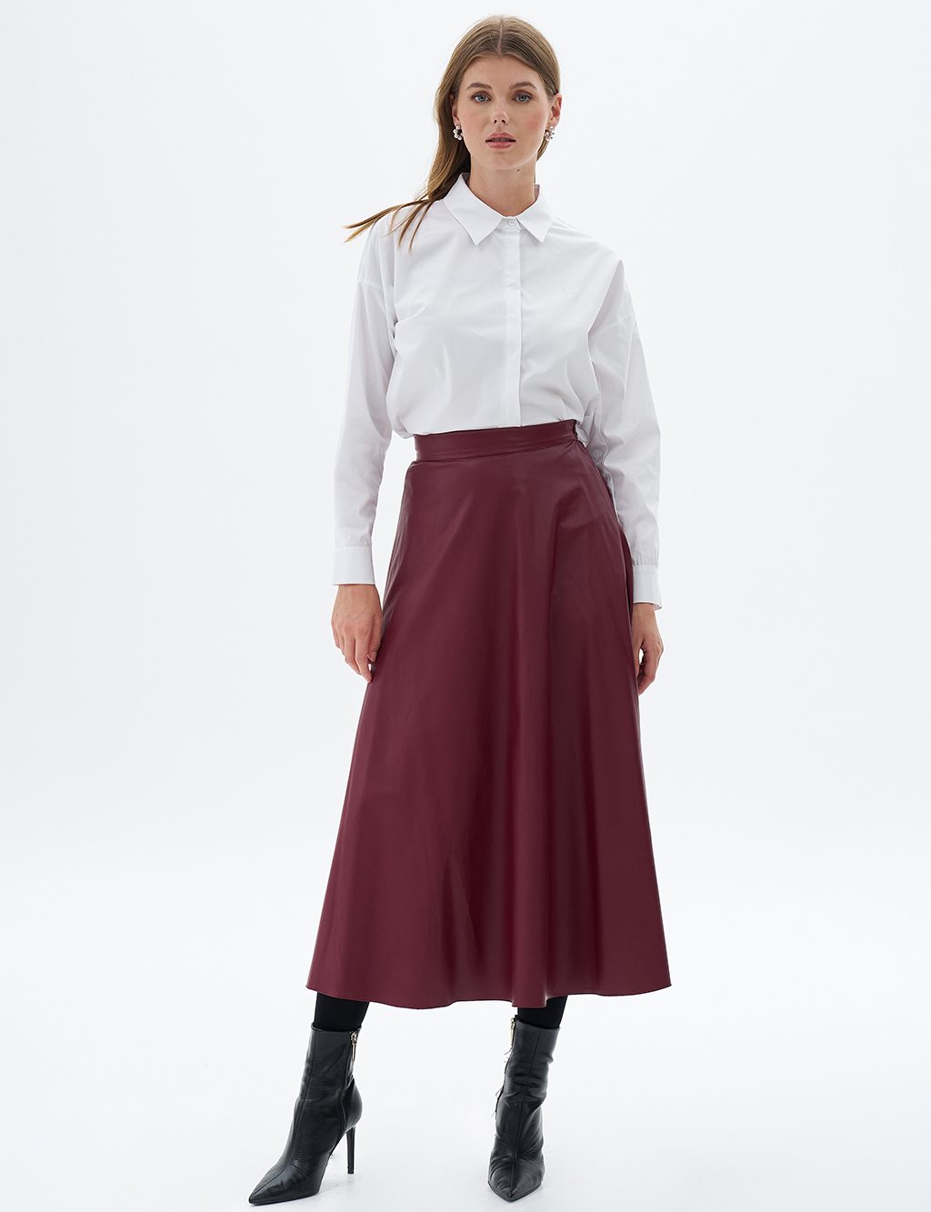 High Waist Faux Leather Skirt Claret Red