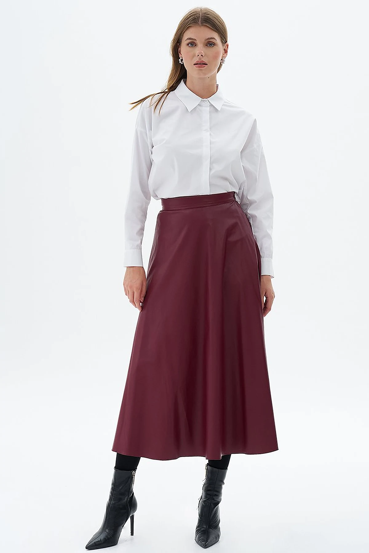 High Waist Faux Leather Skirt Claret Red