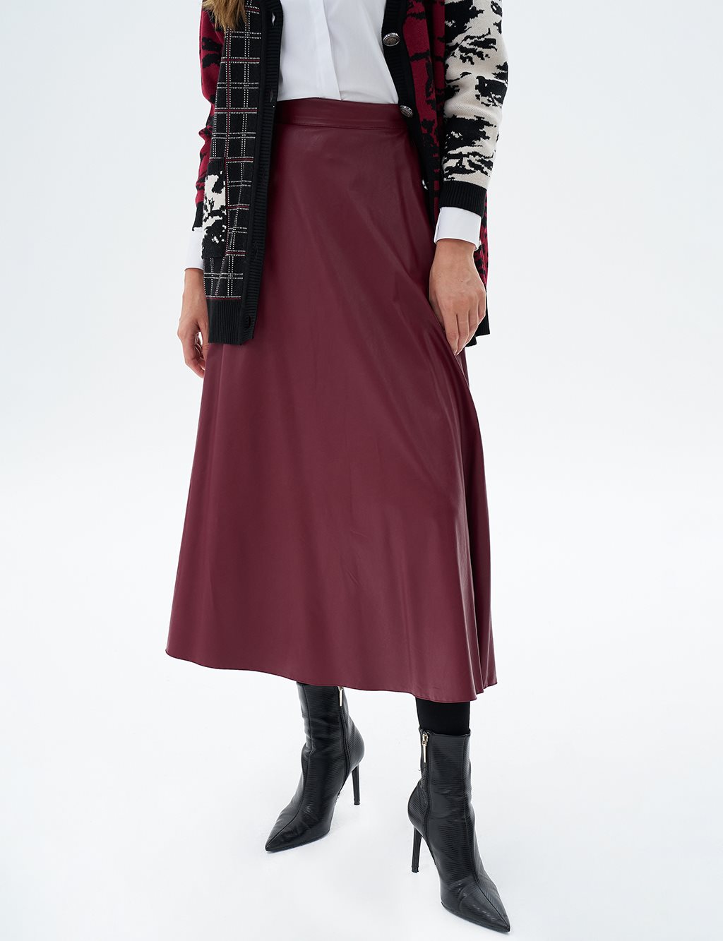 High Waist Faux Leather Skirt Claret Red