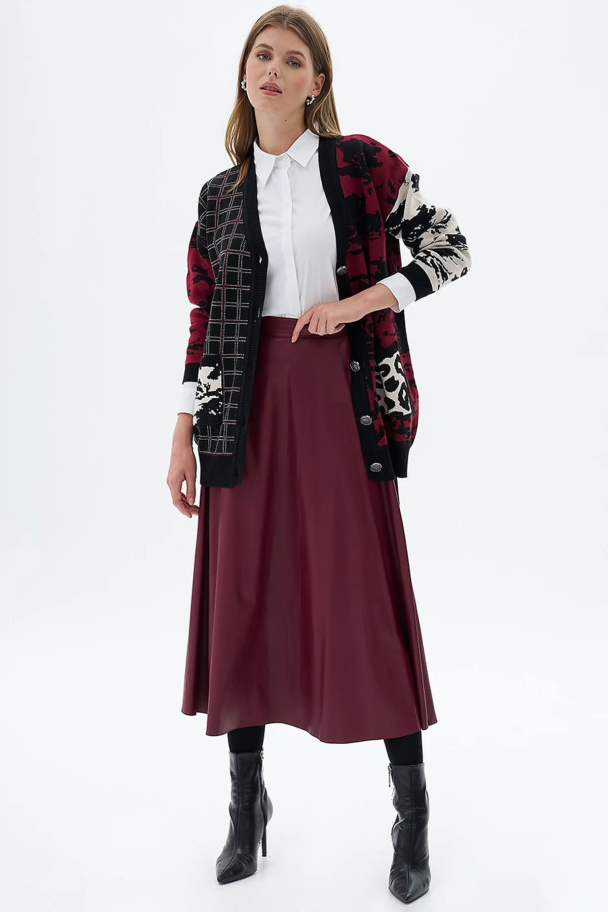 High Waist Faux Leather Skirt Claret Red