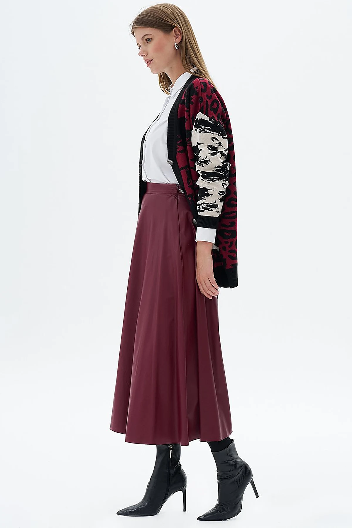 High Waist Faux Leather Skirt Claret Red