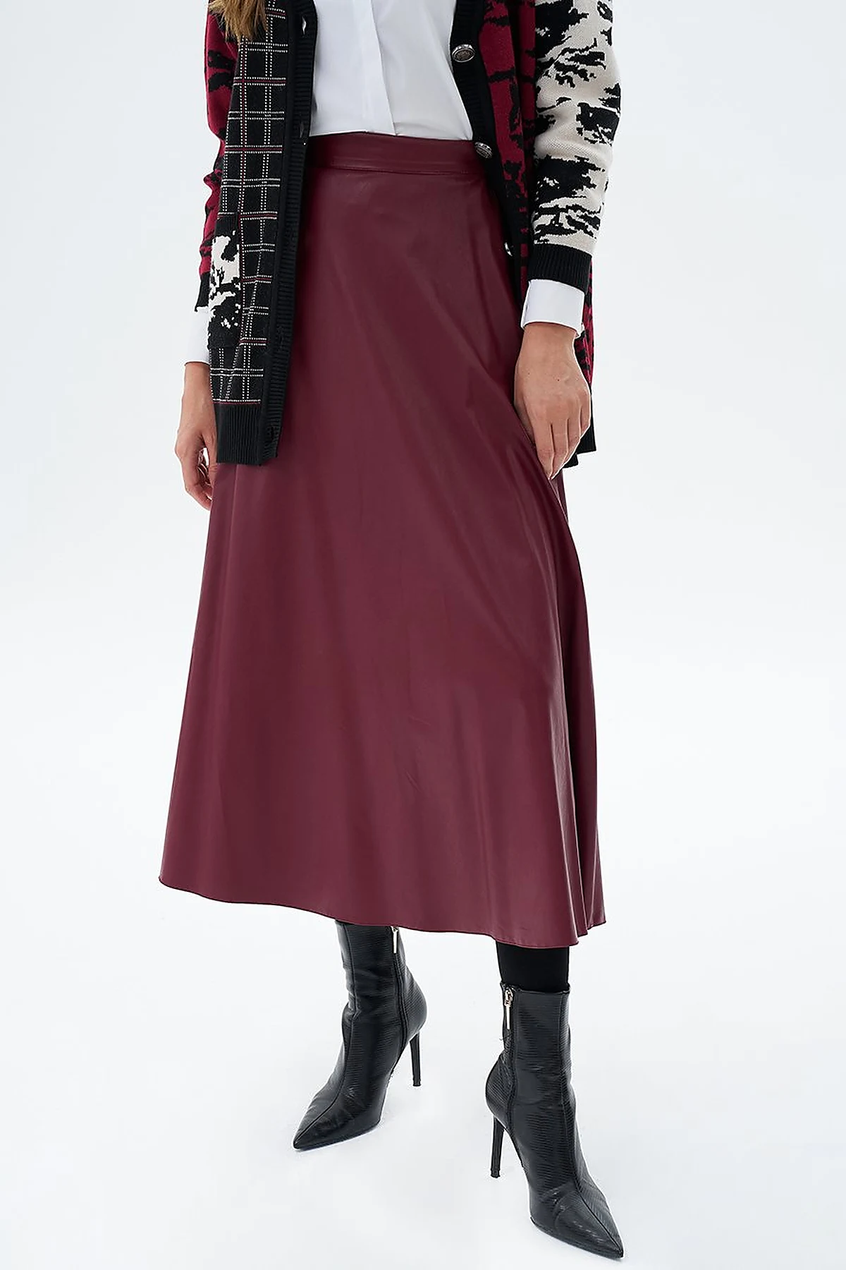 High Waist Faux Leather Skirt Claret Red