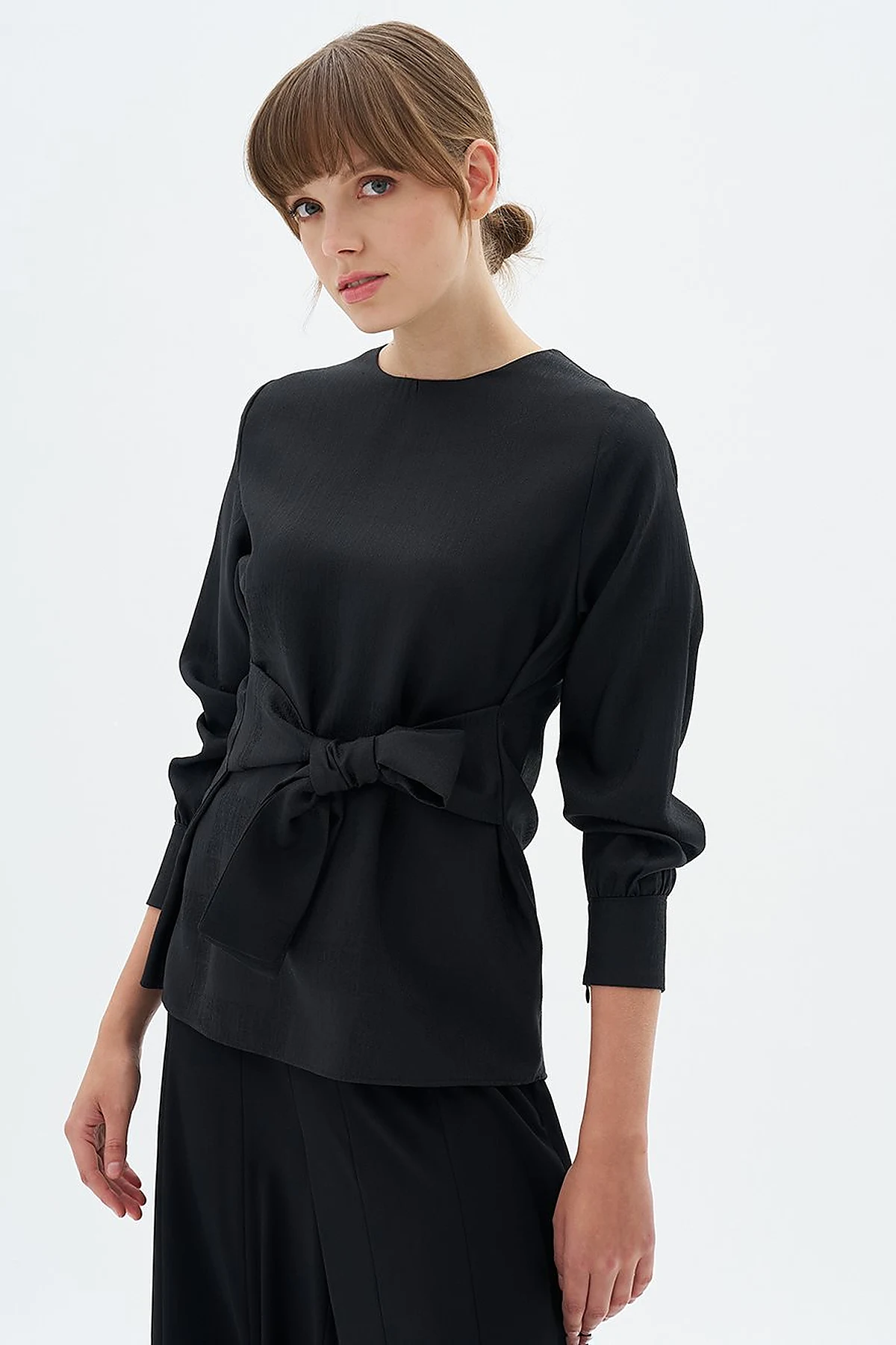 Belted Zero Collar Blouse Black