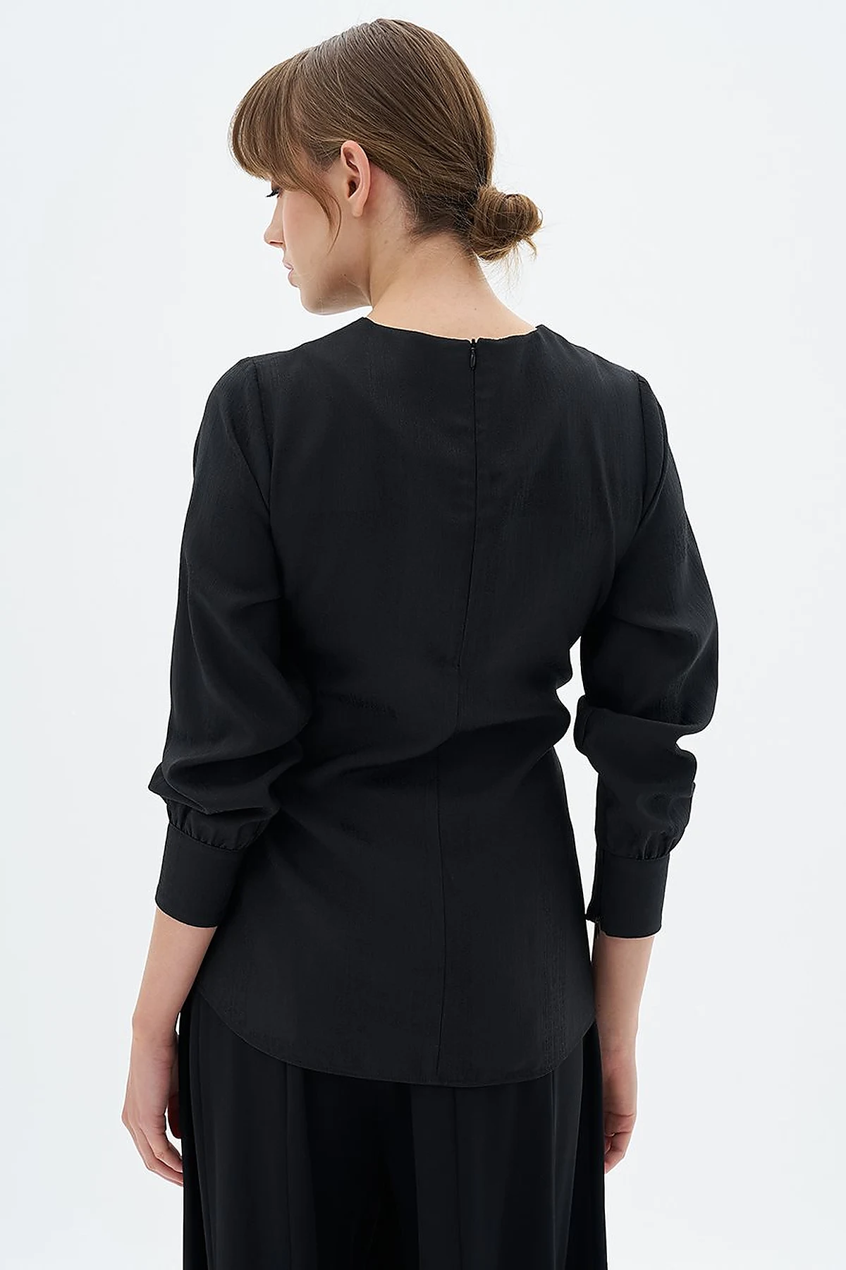Belted Zero Collar Blouse Black