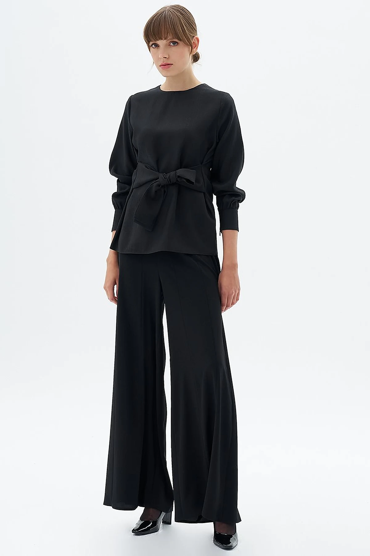 Belted Zero Collar Blouse Black