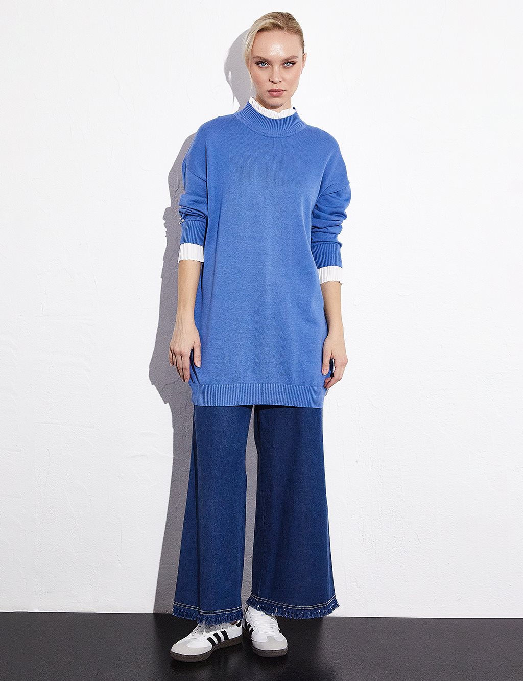 Pleated Sleeve End Knitwear Tunic Indigo