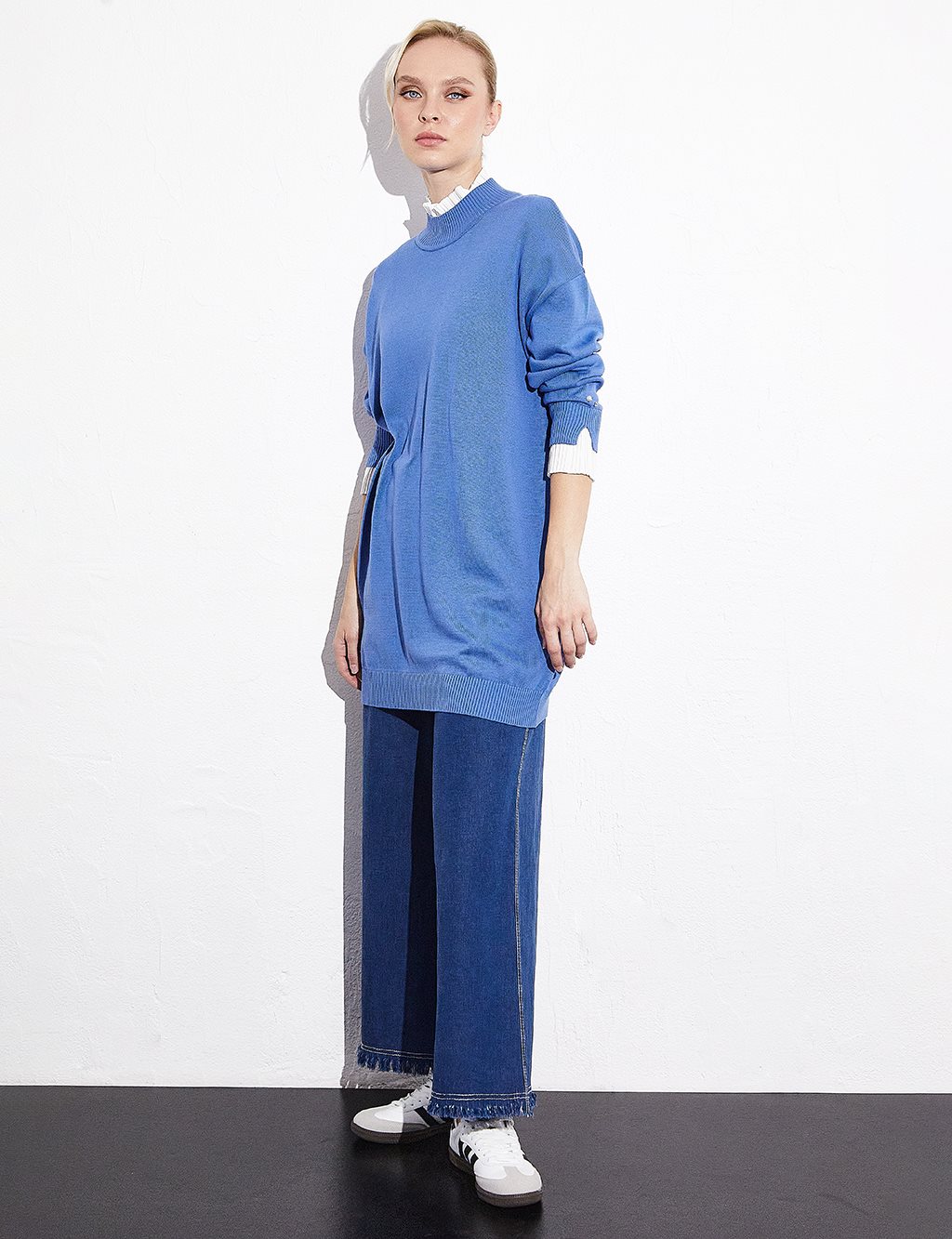 Pleated Sleeve End Knitwear Tunic Indigo