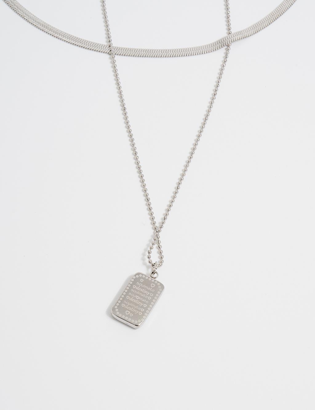 Silver Multi-Layered Steel Necklace with Square Pendant