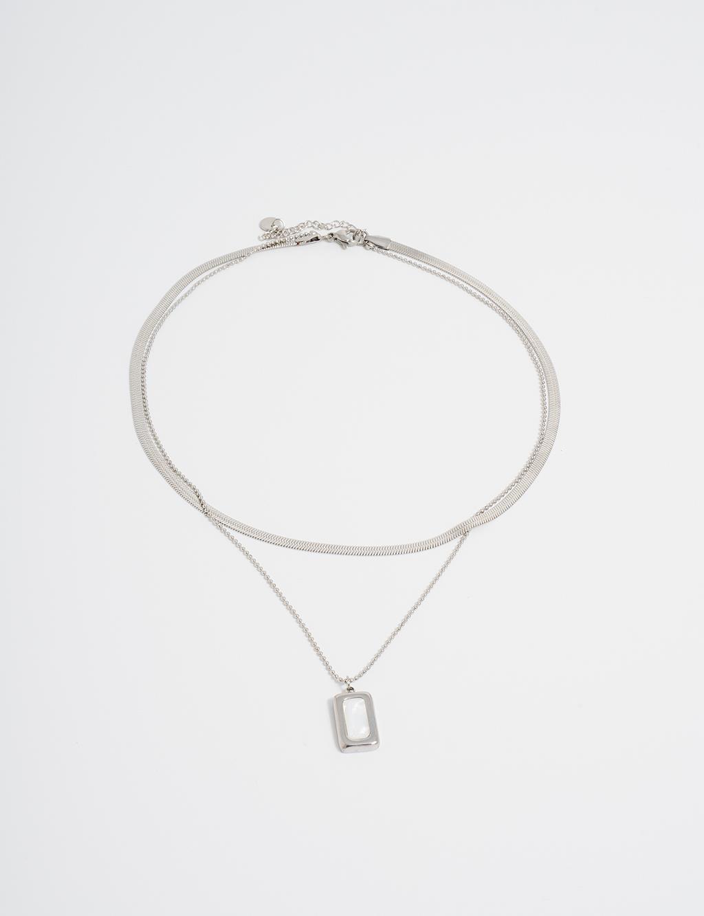 Silver Multi-Layered Steel Necklace with Square Pendant