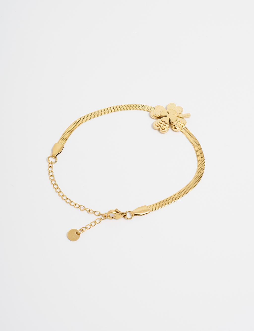 Gold Steel Bracelet with Four-Leaf Clover Design