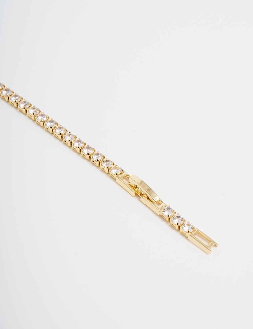 Gold Steel Bracelet with Flower Design and Shiny Stones