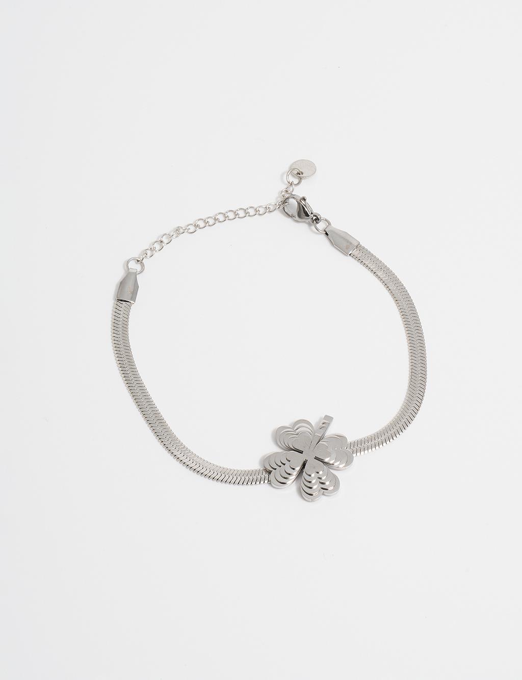 Silver Steel Bracelet with Four-Leaf Clover Design