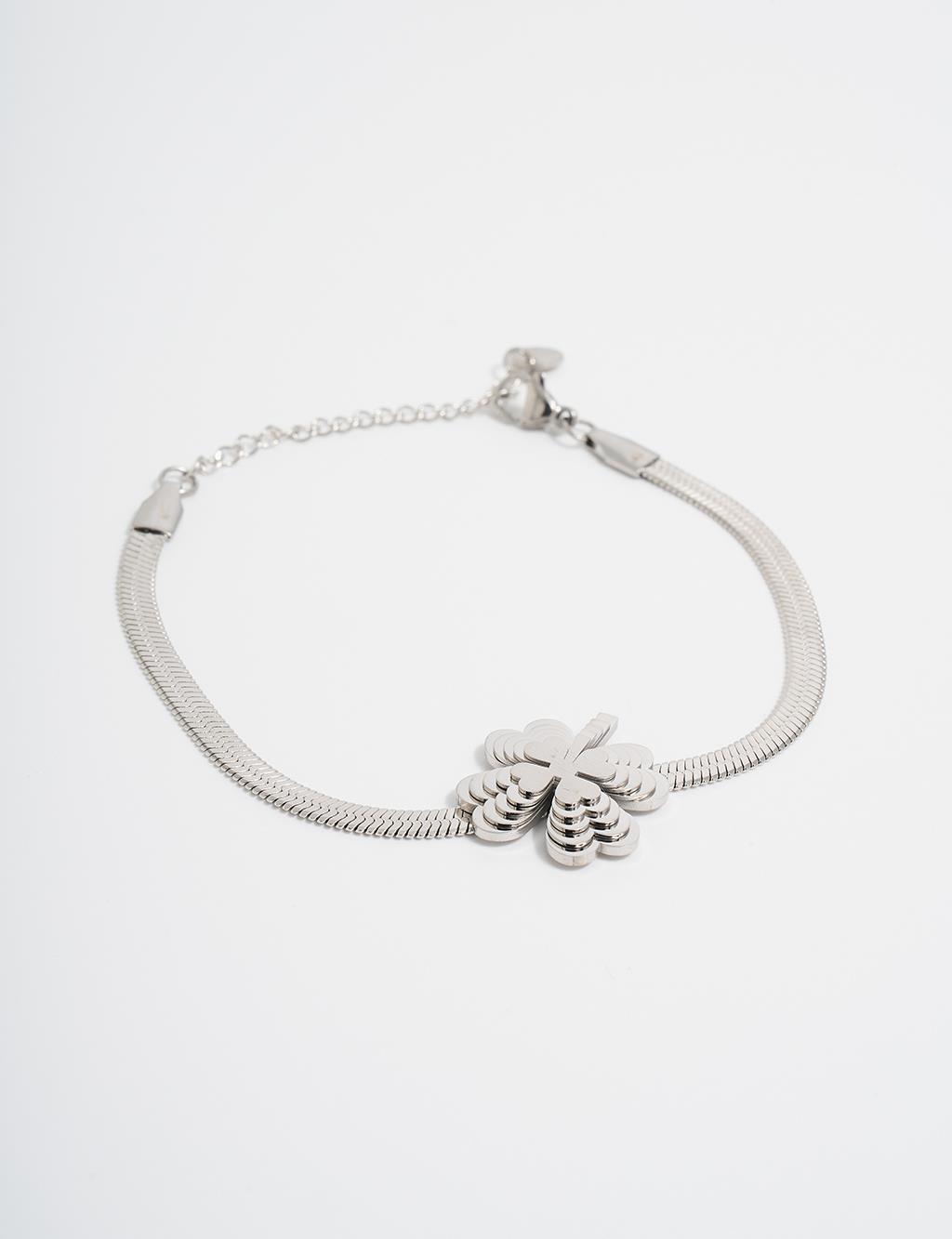 Silver Steel Bracelet with Four-Leaf Clover Design