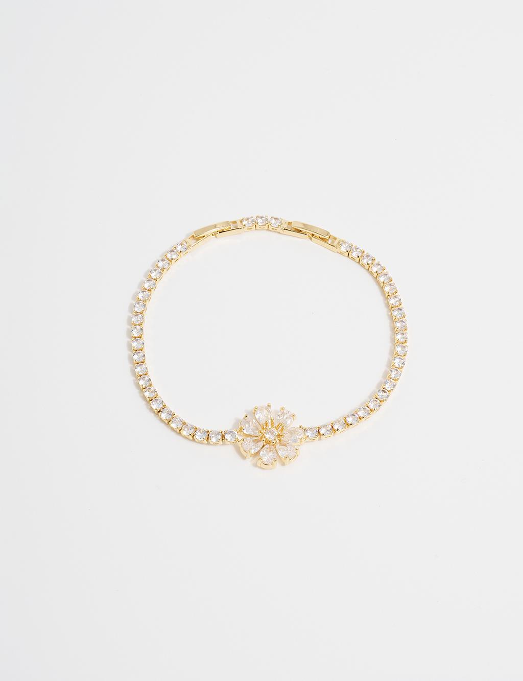 Gold Steel Bracelet with Flower Design and Shiny Stones