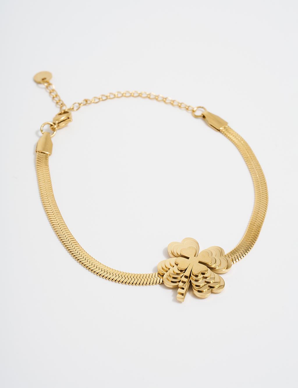 Gold Steel Bracelet with Four-Leaf Clover Design