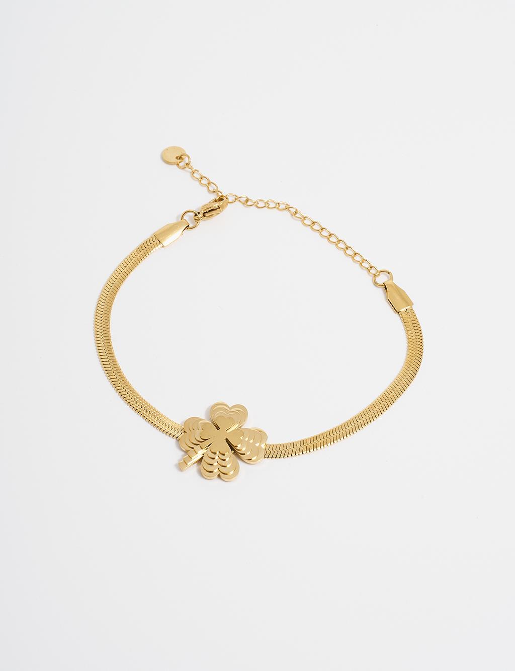 Gold Steel Bracelet with Four-Leaf Clover Design