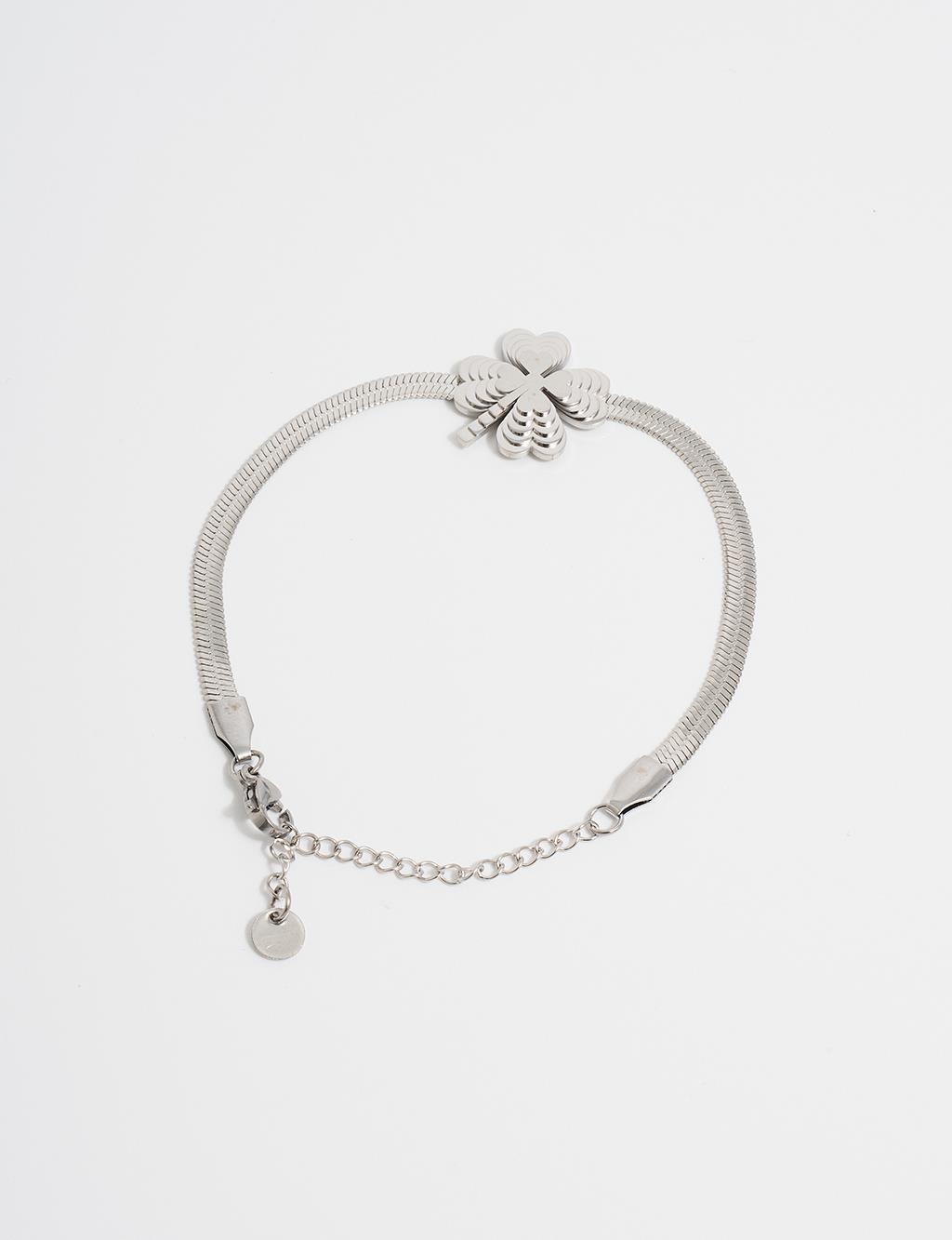 Silver Steel Bracelet with Four-Leaf Clover Design