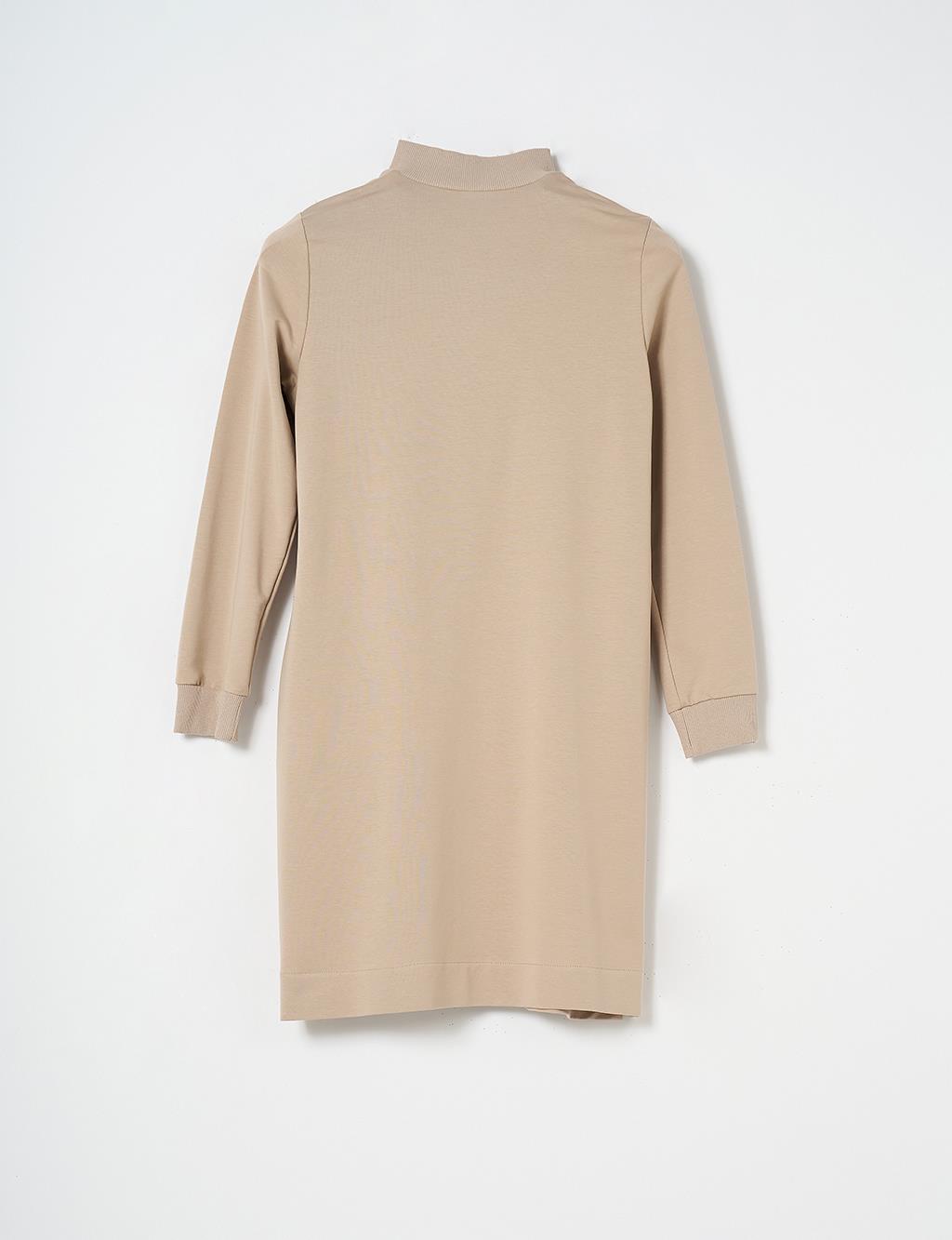 Half Zipper Closure Tunic with Pocket Detail in Beige