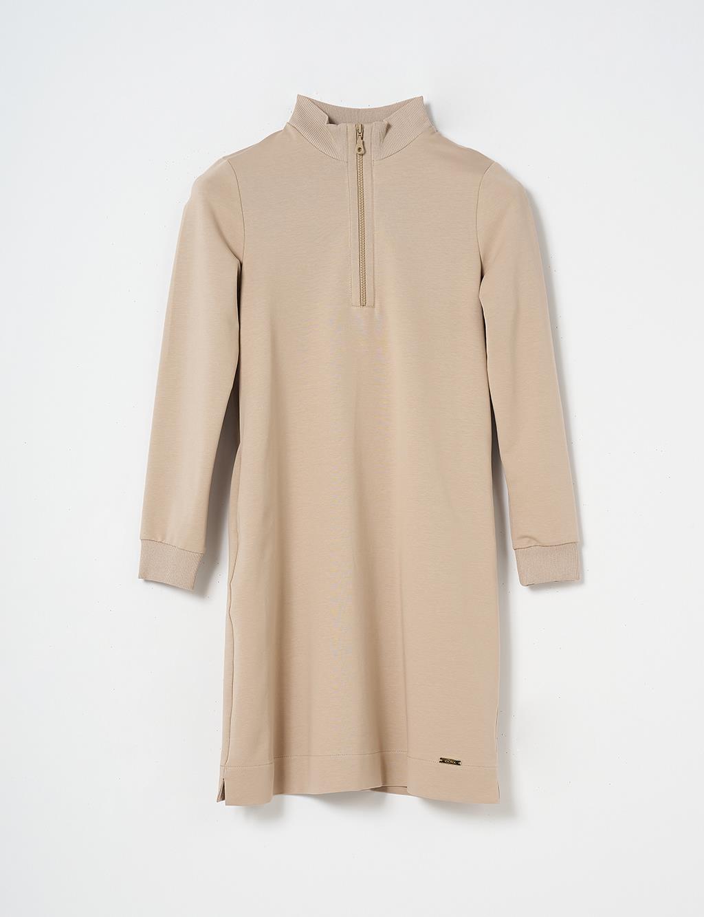 Half Zipper Closure Tunic with Pocket Detail in Beige