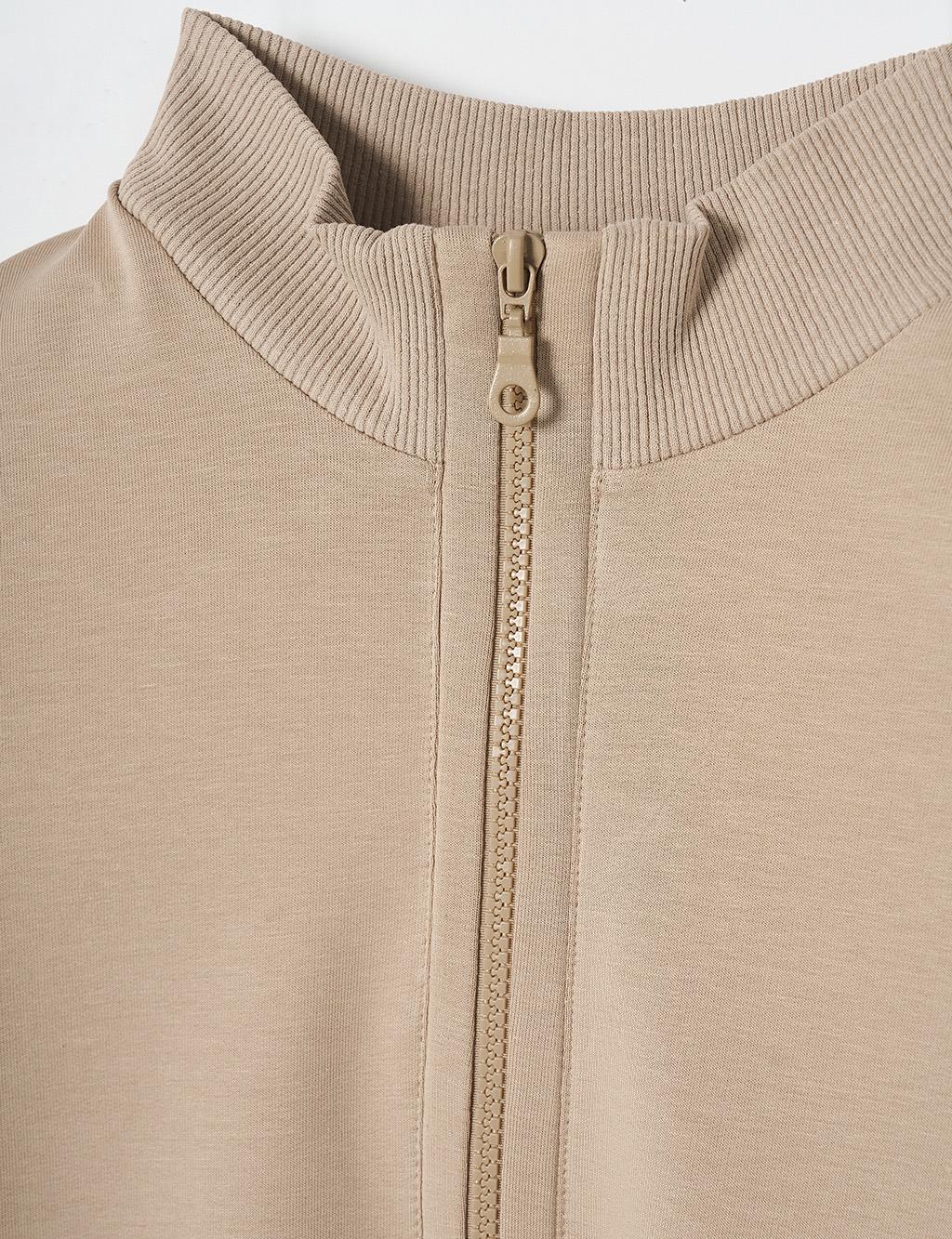 Half Zipper Closure Tunic with Pocket Detail in Beige