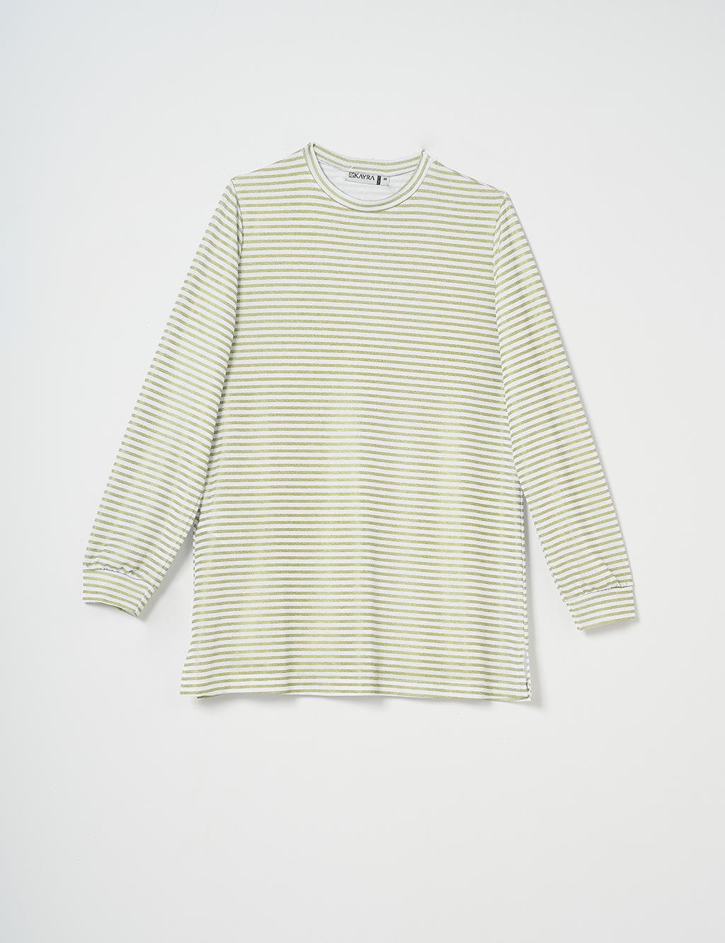 Striped Crew Neck Sweatshirt in Pistachio Green