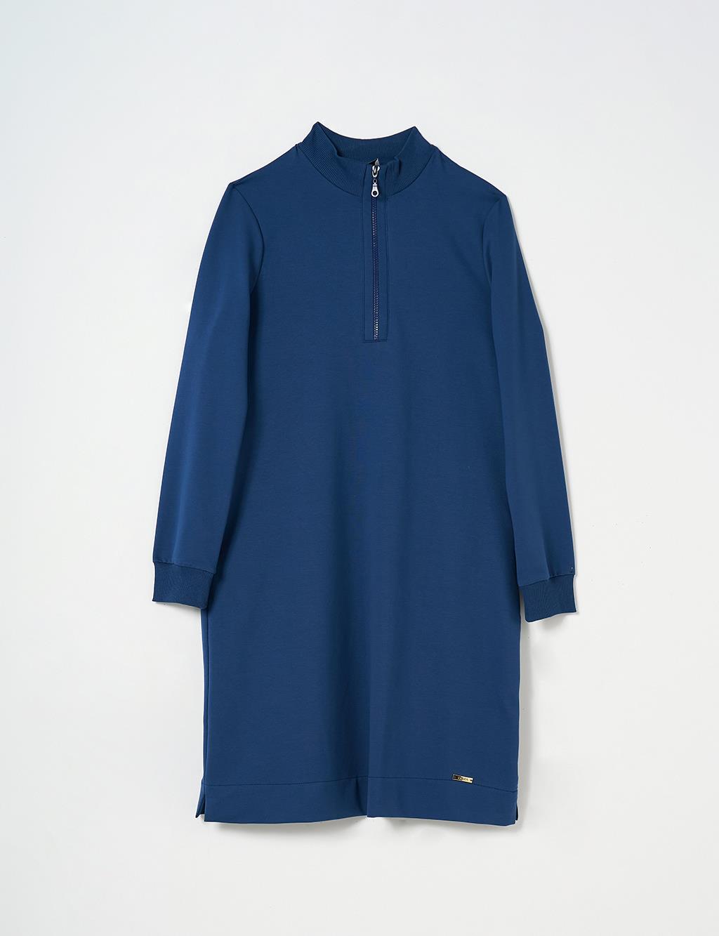 Half Zipper Closure Tunic with Pocket Detail in Indigo