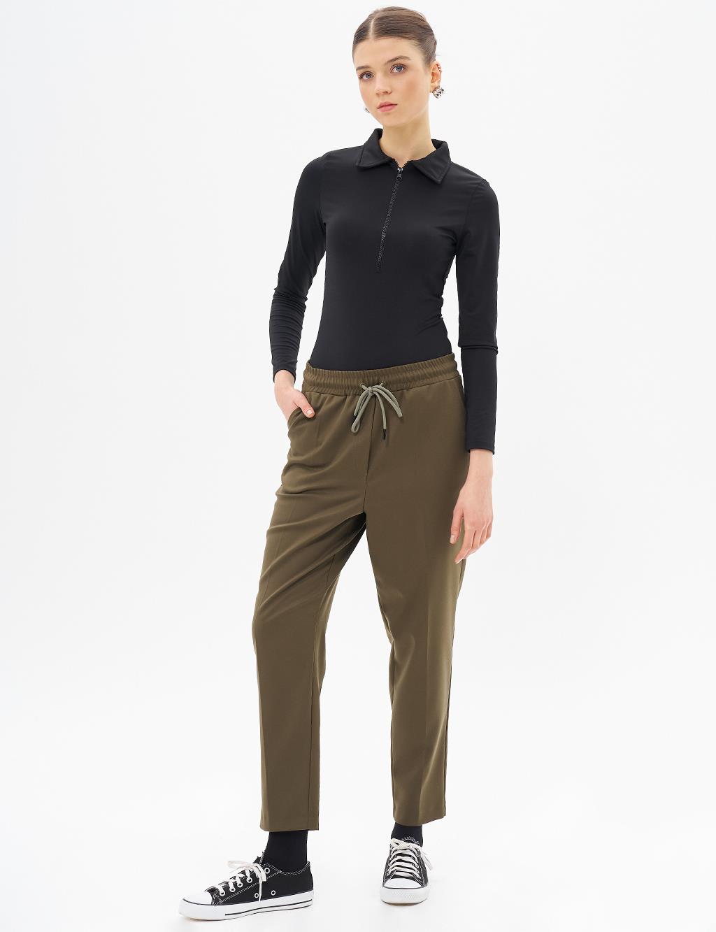 Elastic Waist Carrot Pants Khaki