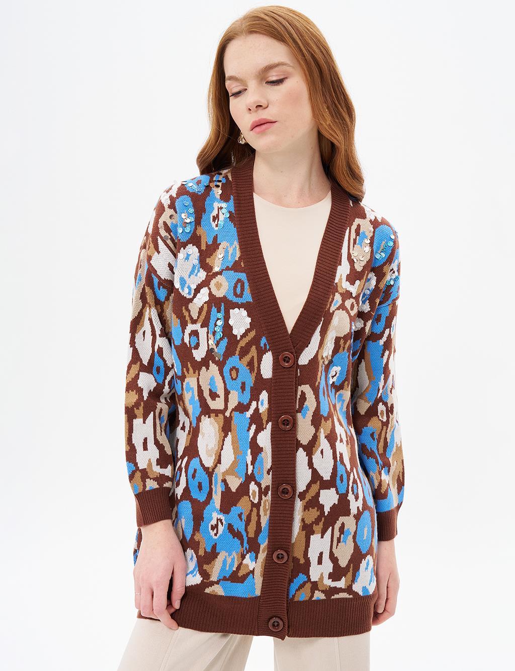 Animal Print Knit Cardigan with Sequin Detail Coffee