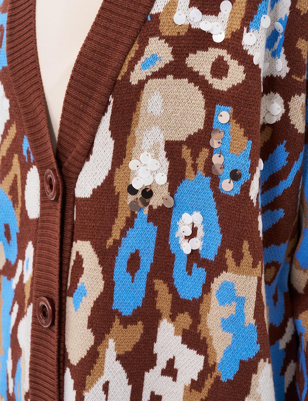 Pul Detaylı Animal Print Triko Hırka Kahve